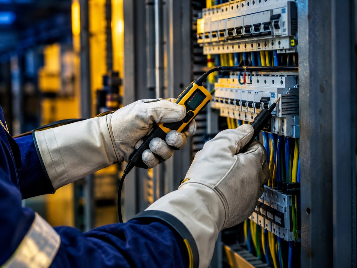 Eletricista testando ausência de tensão em painel elétrico